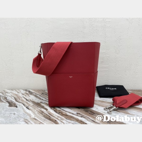 Discount Celine Sangle Seau Bucket Bag Red Calfskin