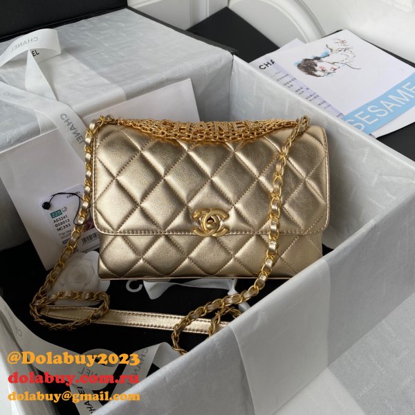 Designer Inspired AS3241 Flap Bag Strass & Gold-Tone Metal Lambskin